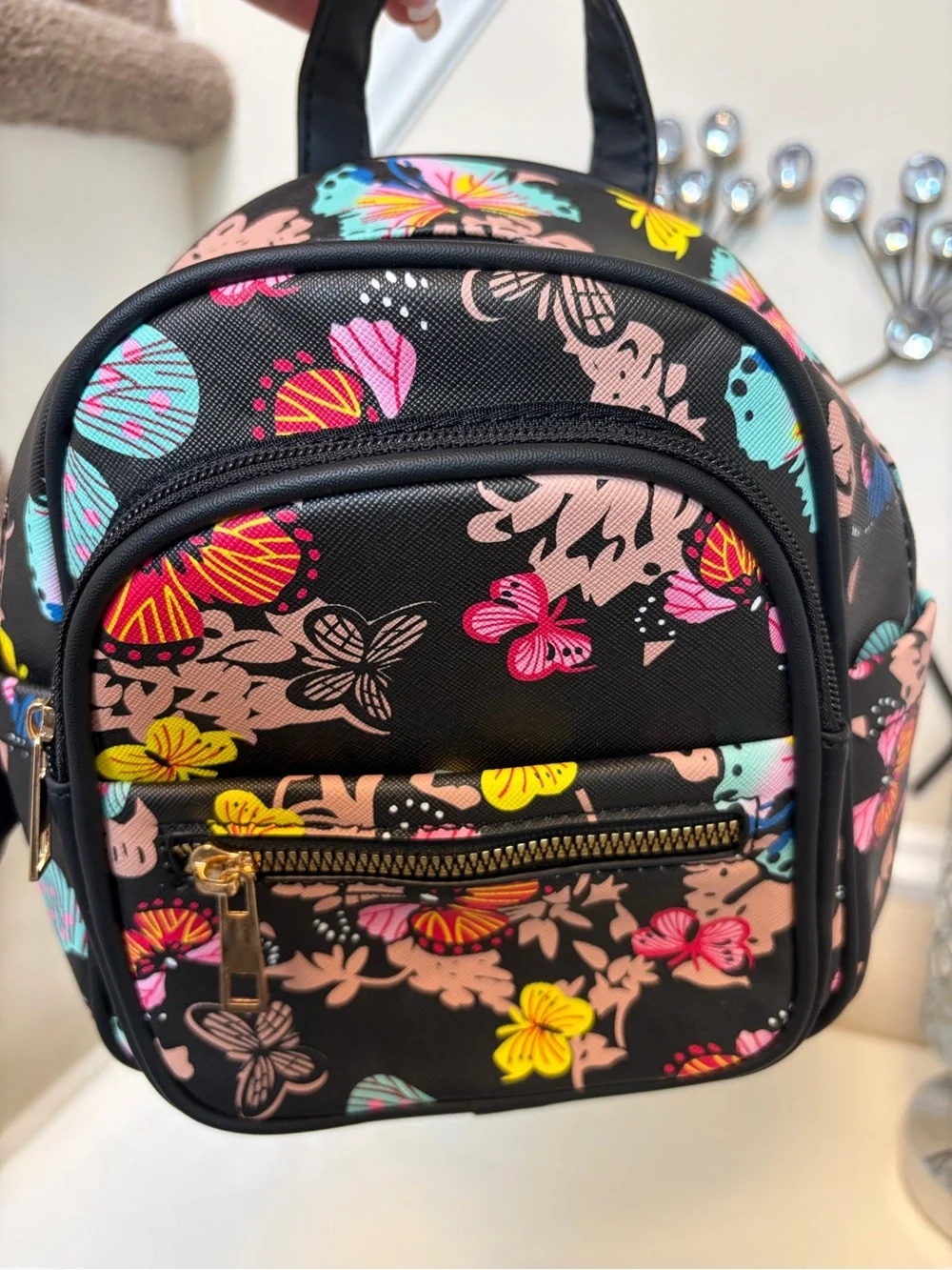 Mini Floral Backpack Tote - Black with Pink & Yellow Accents
